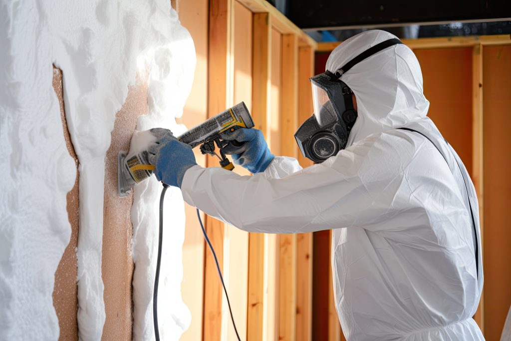 A worker wearing a protective suit applies polyurethane foam insulation to the walls. This is a picture for a blog post that talks about affordable home insulation with Star Companies.