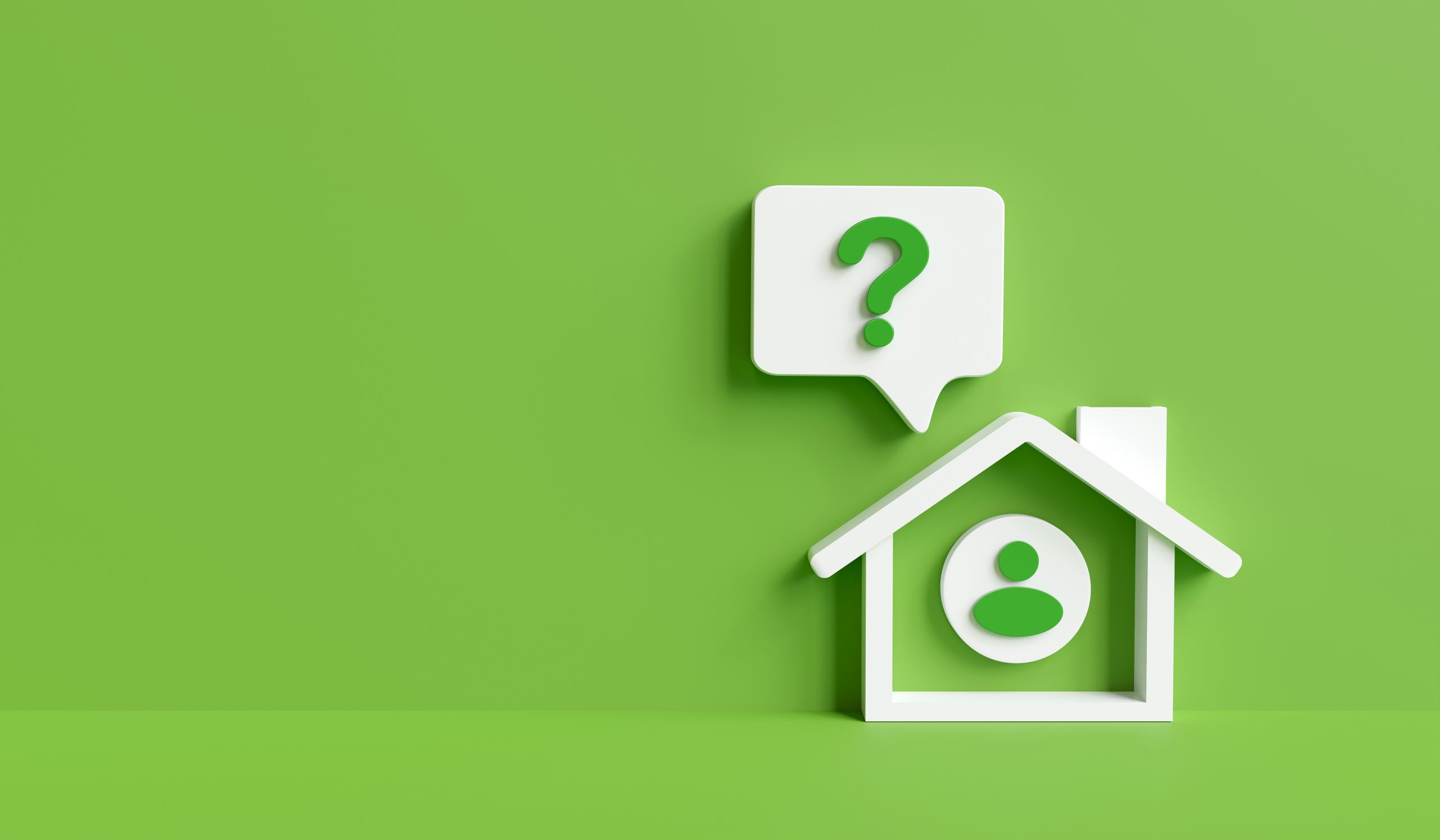 Ecological home information service. Admin icon shows question mark in house on green background with copy space. Career and service, green home project saving energy for environment. 3D rendering Home insulation company answering questions