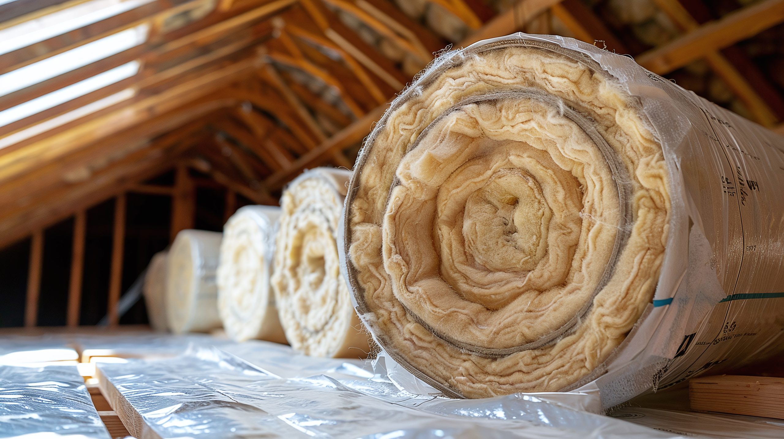 Rolls of fiberglass in the attic This is a picture for a blog about attic insulation companies.