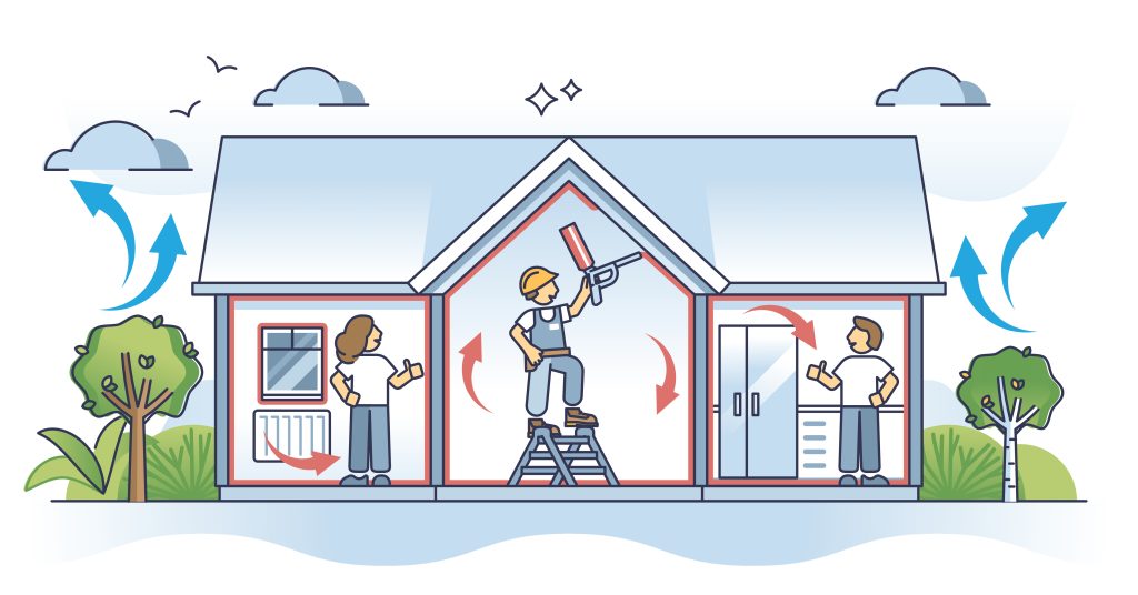 Air sealing and home insulation with foam to save energy outline concept. Waste and ineffective warmth saving job with professional building hot air leakage vector illustration. Effective heating. This is a picture for a blog about insulation services for your home.