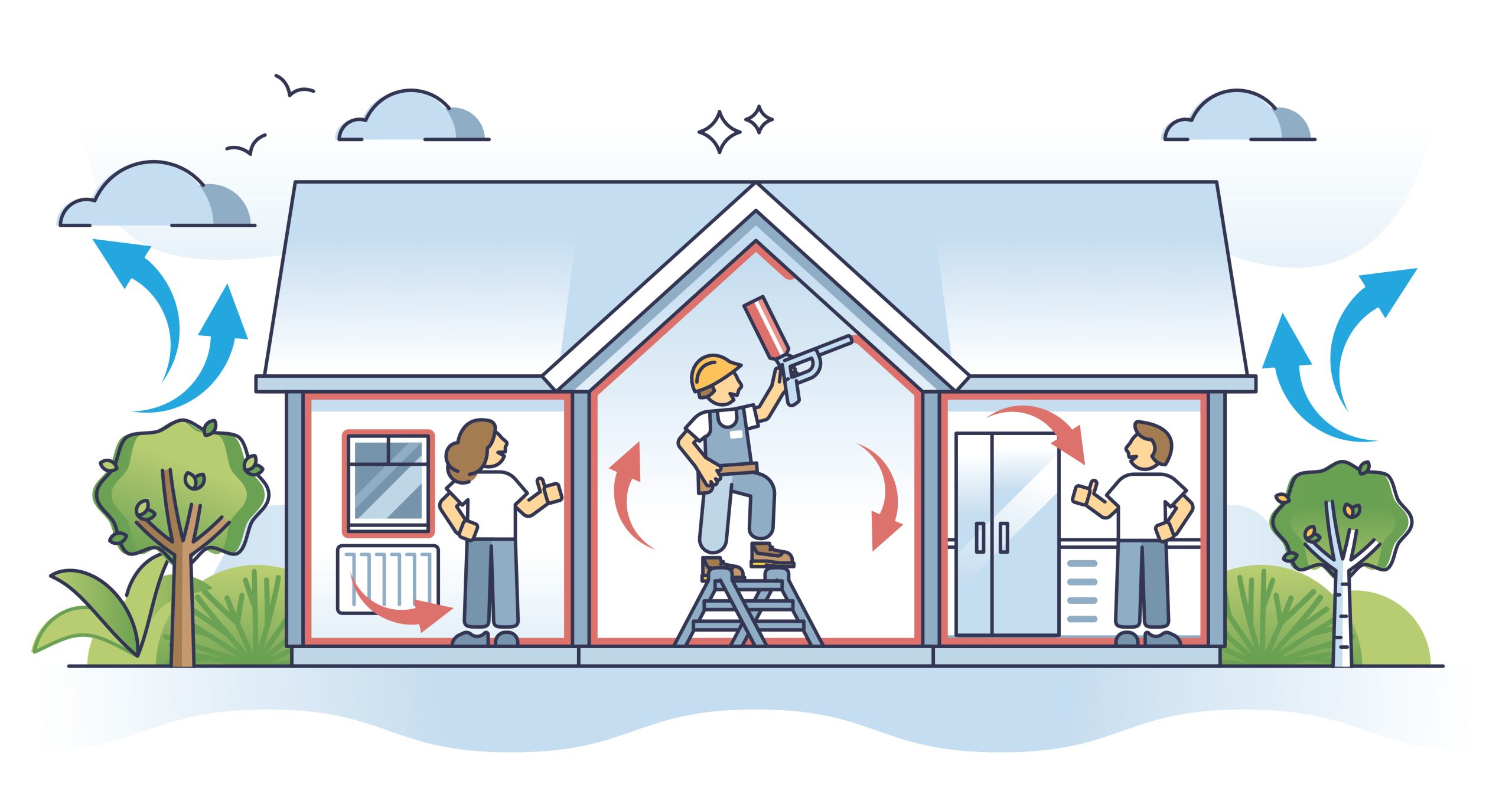 Air sealing and home insulation with foam to save energy outline concept. Waste and ineffective warmth saving job with professional building hot air leakage vector illustration. Effective heating. This is a picture for a blog about insulation services for your home.