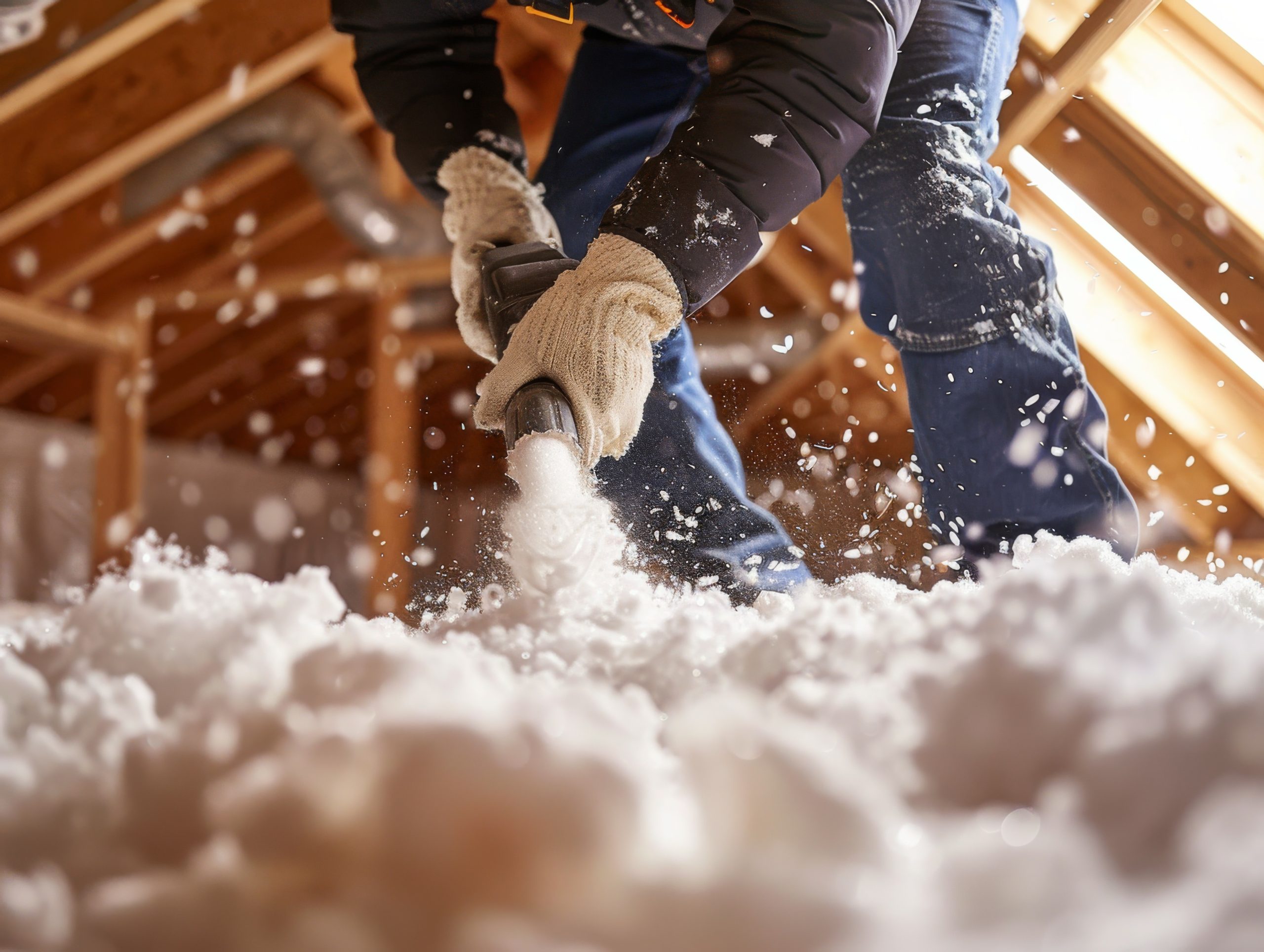 Contractor installing blown-in cellulose insulation in an attic. This is a picture for a blog about residential insulation contractors.